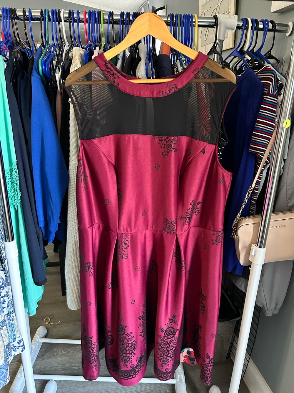 Love Squared Burgundy Fit & Flare Dress with Black Mesh Yoke